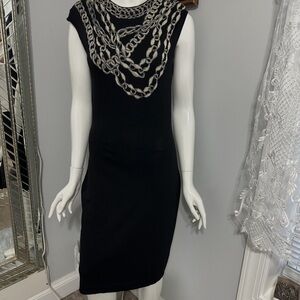 Alexander McQueen Black Midi Dress with Silver Chain Accents size M